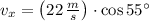 v_{x} = \left(22\,\frac{m}{s} \right)\cdot \cos 55^{\circ}