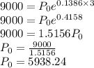 9000 = P_0e^{0.1386\times 3}\\9000 = P_0e^{0.4158}\\9000 = 1.5156P_0\\P_0 = \frac{9000}{1.5156}\\ P_0 = 5938.24