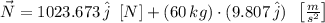\vec N = 1023.673\,\hat{j}\,\,\,[N]+(60\,kg)\cdot (9.807\,\hat{j})\,\,\,\left[\frac{m}{s^{2}} \right]
