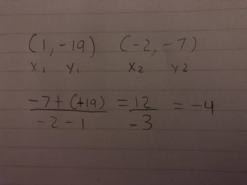 What is the slope of the line that contains the points (1,-19) and (-2,-7)? Write in simplest form