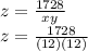 z=\frac{1728}{xy}\\z=\frac{1728}{(12)(12)}
