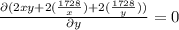 \frac{\partial(2xy+2(\frac{1728}{x})+2(\frac{1728}{y}))}{\partial y}=0