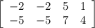 \left[\begin{array}{cccc}-2&-2&5&1\\-5&-5&7&4\end{array}\right]