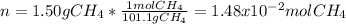 n=1.50gCH_4*\frac{1molCH_4}{101.1gCH_4}=1.48x10^{-2}molCH_4