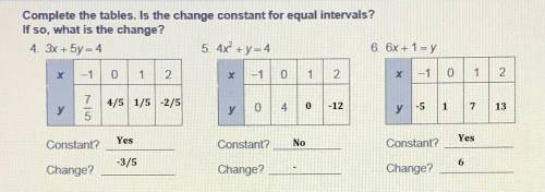 *tap on the image*

Complete the tables. Is the change constant for equal intervals? If so, what is