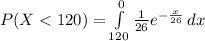 P(X < 120) =  \int\limits^{0}_{120} { \frac{1}{26} e^{-\frac{x}{26} } } \, dx