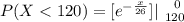 P(X < 120) = [ {  e^{-\frac{x}{26} } } ]|\left \ 0 } \atop {120}} \right.