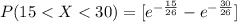 P(15 <  X <  30) = [ {  e^{-\frac{15}{26} } }  -  e^{-\frac{30}{26} } } ]