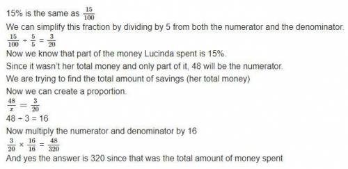 While shopping Lucinda spent $48 . If the amount she spent was 15% of her savings how much savings d