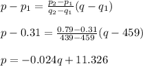 p-p_1=\frac{p_2-p_1}{q_2-q_1}(q-q_1)\\ \\p-0.31=\frac{0.79-0.31}{439-459} (q-459)\\\\p=-0.024q+11.326