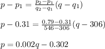 p-p_1=\frac{p_2-p_1}{q_2-q_1}(q-q_1)\\ \\p-0.31=\frac{0.79-0.31}{546-306} (q-306)\\\\p=0.002q-0.302