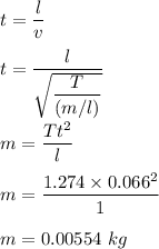 t=\dfrac{l}{v}\\\\t=\dfrac{l}{\sqrt{\dfrac{T}{(m/l)}} }\\\\m=\dfrac{Tt^2}{l}\\\\m=\dfrac{1.274\times 0.066^2}{1}\\\\m=0.00554\ kg