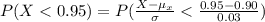 P(X <  0.95) =  P(\frac{ X - \mu_{x}}{\sigma} < \frac{0.95 -0.90}{0.03}  )