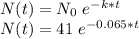 N(t)=N_0\, \,e^{-k*t}\\N(t)=41\, \,e^{-0.065*t}