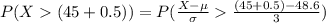 P(X  (45+0.5) ) =  P(\frac{X - \mu}{\sigma }    \frac{(45+0.5) - 48.6}{3} )