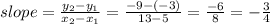 slope = \frac{y_2 - y_1}{x_2 - x_1} = \frac{-9 -(-3)}{13 - 5} = \frac{-6}{8} = -\frac{3}{4}