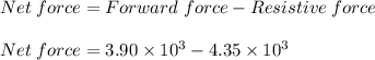 Net\;force = Forward\;force - Resistive\;force\\\\Net\;force = 3.90 \times 10^3 - 4.35 \times 10^3