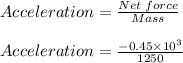 Acceleration = \frac{Net\;force}{Mass} \\\\Acceleration = \frac{-0.45 \times 10^3}{1250}