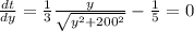 \frac{dt}{dy} =\frac{1}{3} \frac{y}{ \sqrt{y^2 + 200^2} }  -  \frac{1}{5}  =0