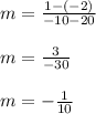 m = \frac{1 - (-2)}{-10 - 20}\\\\m = \frac{3}{-30}\\\\m = -\frac{1}{10}