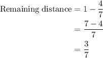 \begin{aligned}\rm{Remaining\;distance}&=1-\dfrac{4}{7}\\&=\dfrac{7-4}{7}\\&=\dfrac{3}{7} \end{aligned}