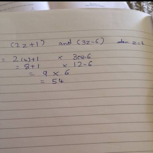 Find the product of (2z+1) and (3z-6) when z=4