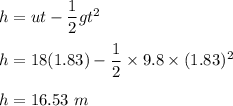 h=ut-\dfrac{1}{2}gt^2\\\\h=18(1.83)-\dfrac{1}{2}\times 9.8\times (1.83)^2\\\\h=16.53\ m