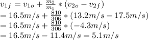 v_{1f} = v_{1o}  +\frac{m_{2} }{m_{1}} * (v_{2o} - v_{2f} ) \\= 16.5 m/s + \frac{810}{306} * (13.2 m/s - 17.5 m/s) \\= 16.5 m/s + \frac{810}{306} * (-4.3 m/s) \\= 16.5 m/s -11.4 m/s = 5.1 m/s