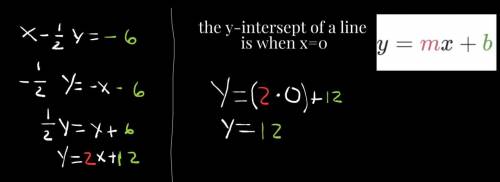 What is the Y intercept of the linear equation X -1/2 Y equals -6