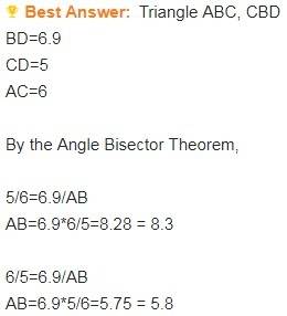 5. an angle bisector of a triangle divides the opposite side of the triangle into segments 6 cm and 