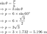 \sin\theta=\dfrac{p}{h}\\\Rightarrow p=h\sin\theta\\\Rightarrow p=6\times \sin60^{\circ}\\\Rightarrow p=6\times\dfrac{\sqrt{3}}{2}\\\Rightarrow p=3\sqrt{3}\\\Rightarrow p=3\times 1.732=5.196\ \text{m}