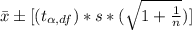 \= x \pm [(t_{\alpha  , df }) * s * (\sqrt{1 + \frac{1}{ n} } )}]