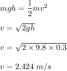 mgh=\dfrac{1}{2}mv^2\\\\v=\sqrt{2gh} \\\\v=\sqrt{2\times 9.8\times 0.3} \\\\v=2.424\ m/s