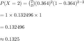 P(X=2)={2\choose 2}(0.364)^{2}(1-0.364)^{2-2}\\\\=1\times 0.132496\times 1\\\\=0.132496\\\\\approx 0.1325