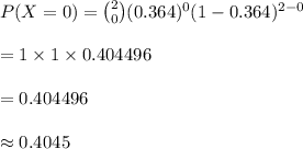 P(X=0)={2\choose 0}(0.364)^{0}(1-0.364)^{2-0}\\\\=1\times 1\times 0.404496\\\\=0.404496\\\\\approx 0.4045