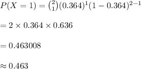 P(X=1)={2\choose 1}(0.364)^{1}(1-0.364)^{2-1}\\\\=2\times 0.364\times 0.636\\\\=0.463008\\\\\approx 0.463