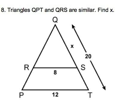 Triangles qpt and qrs are similar. find x.