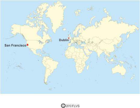 The world map below shows the locations of san francisco and dublin. the picture shows t