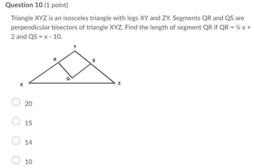 Triangle xyz is an isosceles triangle with legs xy and zy. segments qr and qs are perpendicular bise