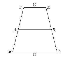 For trapezoid jklm, a and b are midpoints of the legs. find ab. question 16 option