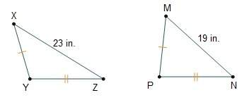 In the triangles, xy = mp and yz = pn. if mp = 85°, which is a possible measure for y? &lt;