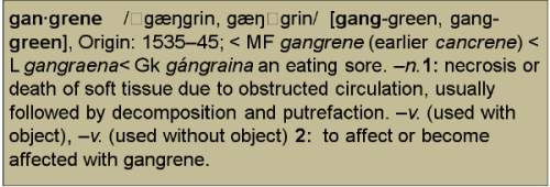 Review the dictionary definition of the word gangrene. this word is being used as a verb in the foll