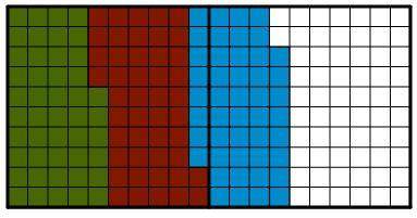 Two 10 by 10 grids are shown. the first grid has 4 columns and 6 squares shaded green. on the same g
