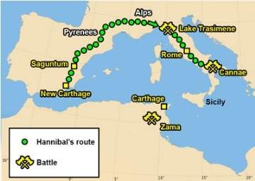 Which was true of hannibal's route during the second punic war?  his army could not pass