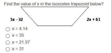 Find the value of x in the isosceles trapezoid below?