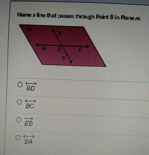 Name a line that passes through the point b in plane m.
