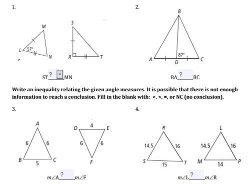 Triangle inequalities? write &gt; , &lt; , =, or nc?