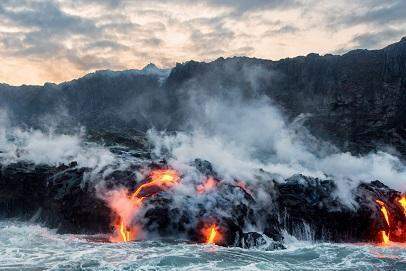 This image shows a volcanic eruption in hawaii with lava flowing into the sea.which stat
