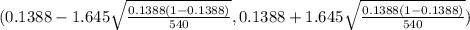 ( 0.1388 -1.645 \sqrt{\frac{0.1388(1-0.1388)}{540} } ,0.1388 + 1.645 \sqrt{\frac{0.1388(1-0.1388)}{540} })