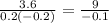 \frac{3.6}{0.2(-0.2)} =\frac{9}{-0.1}